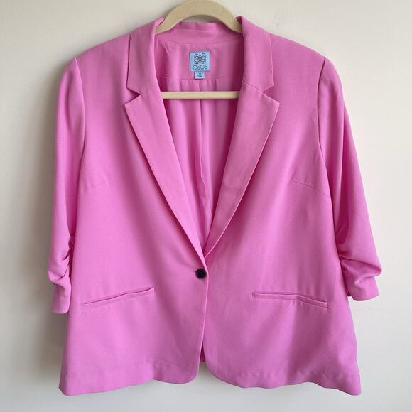 CeCe Plus Size 3X Ruched Sleeve One Button Blazer Jacket Pink Preppy Business - Picture 1 of 15